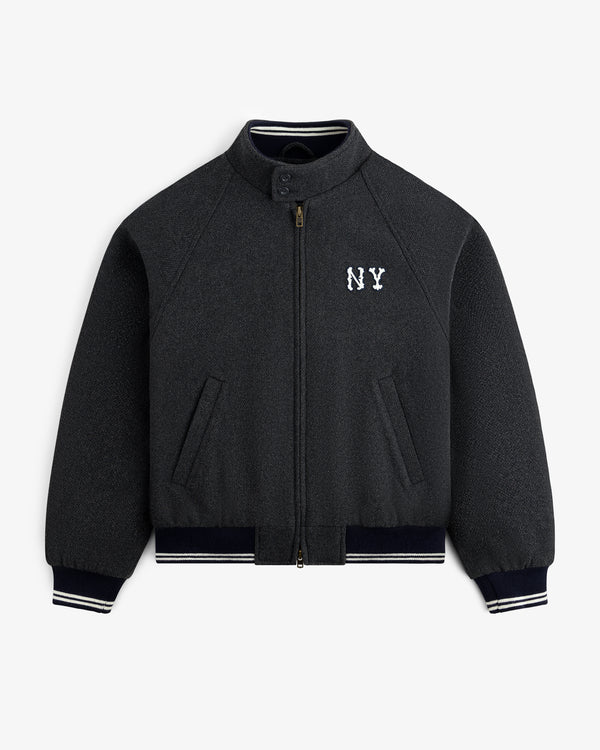 NY Highlanders Wool Varsity Jacket: dark gray, zip front, NY chest logo, striped cuffs, collar & hem.