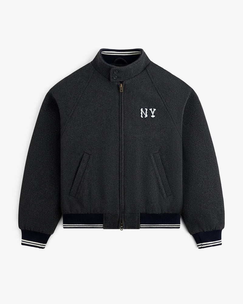 NY Highlanders Wool Varsity Jacket: dark gray, zip front, NY chest logo, striped cuffs, collar & hem.