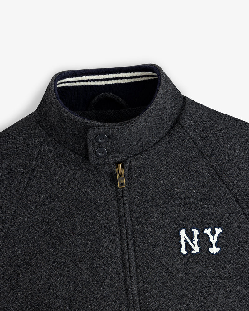 NY Highlanders Wool Varsity Jacket: dark gray zip-up with NY chest embroidery and a buttoned standing collar.