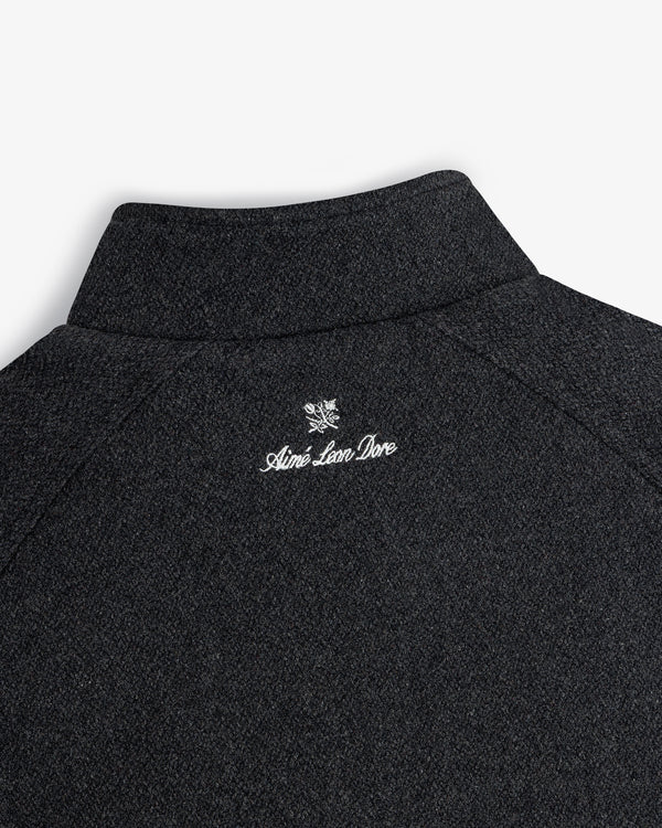 Dark wool NY Highlanders Varsity Jacket with Aimé Leon Dore and crest embroidered in white near the back collar.