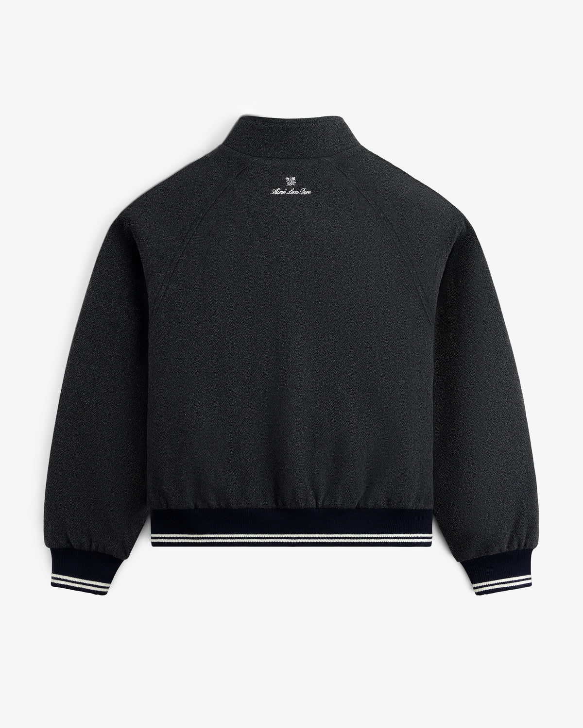 NY Highlanders Wool Varsity Jacket, black, striped cuffs/waistband, back view with small white logo near the collar.