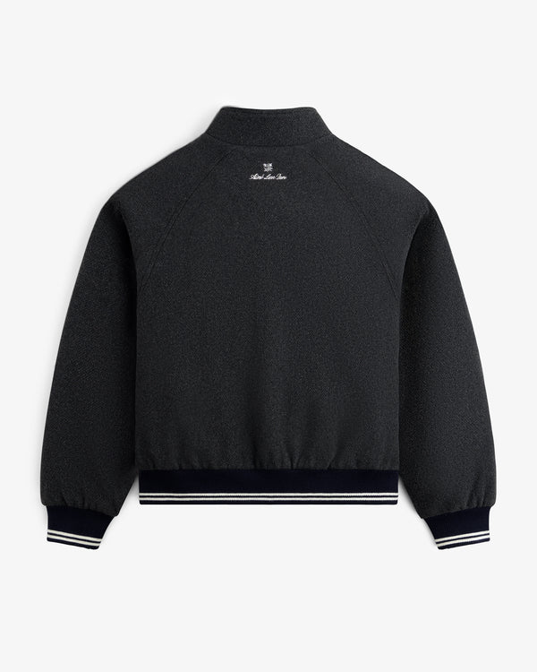 NY Highlanders Wool Varsity Jacket, black, striped cuffs/waistband, back view with small white logo near the collar.