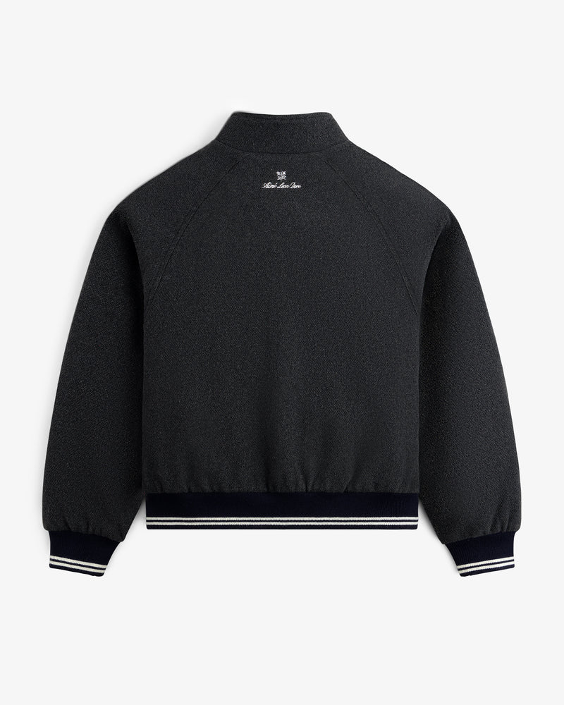 NY Highlanders Wool Varsity Jacket, black, striped cuffs/waistband, back view with small white logo near the collar.