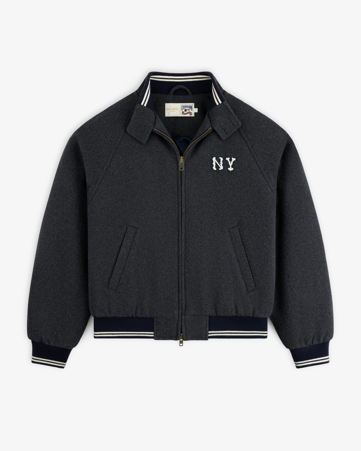 NY Highlanders Wool Varsity Jacket: dark gray, NY chest patch, striped trim, zip front, and slit pockets.