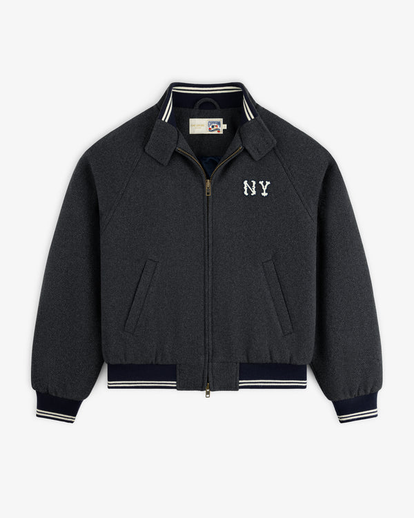 NY Highlanders Wool Varsity Jacket: dark gray, NY chest patch, striped trim, zip front, and slit pockets.
