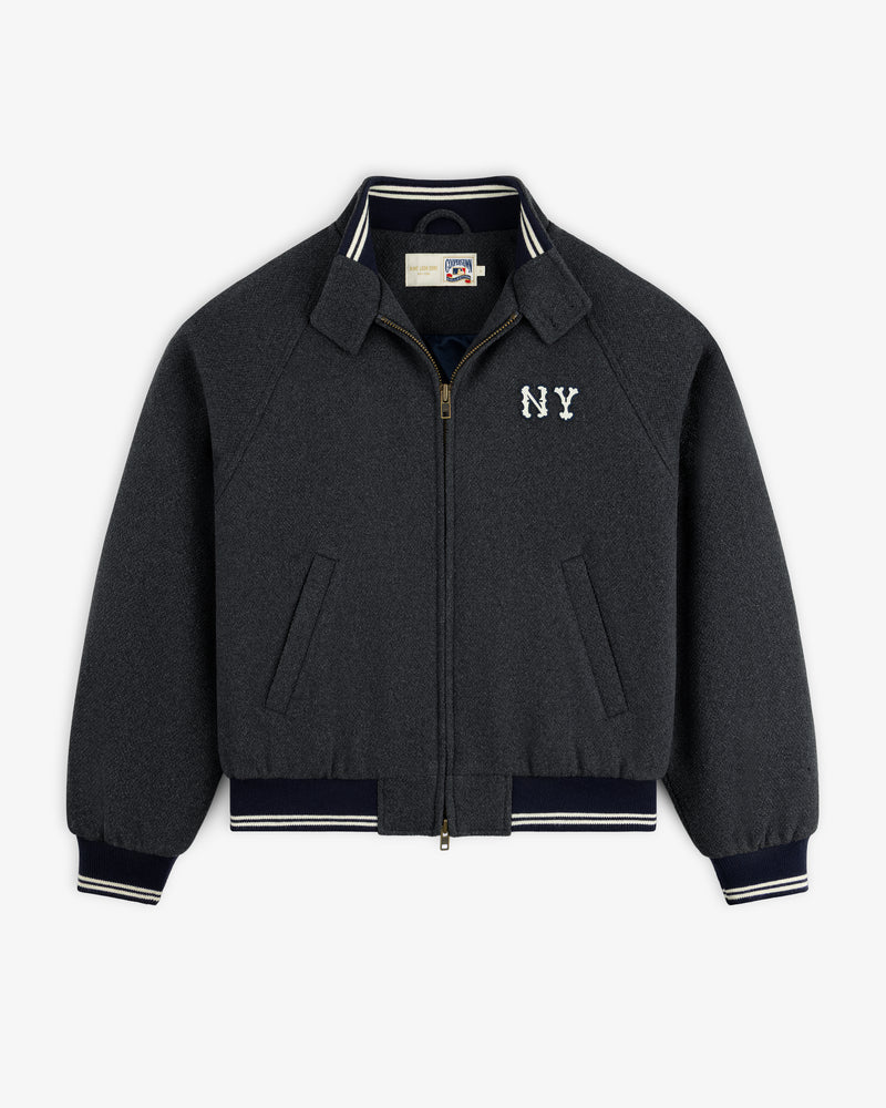NY Highlanders Wool Varsity Jacket: dark gray, NY chest patch, striped trim, zip front, and slit pockets.
