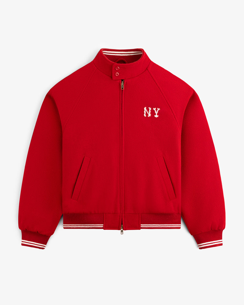 NY Highlanders Wool Varsity Jacket: bright red with white NY, front zipper, striped cuffs & collar.