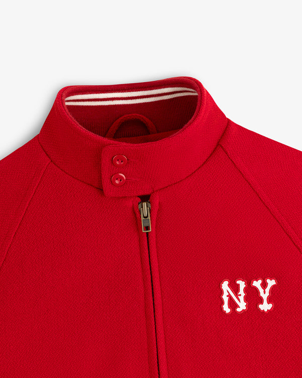 NY Highlanders Wool Varsity Jacket: red, zip-up, stand collar, 2 buttons, white NY embroidery on chest.