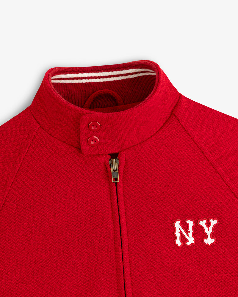NY Highlanders Wool Varsity Jacket: red, zip-up, stand collar, 2 buttons, white NY embroidery on chest.