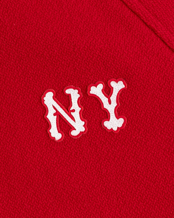 Bone-inspired ‘NY’ letters on red fabric—NY Highlanders Wool Varsity Jacket.