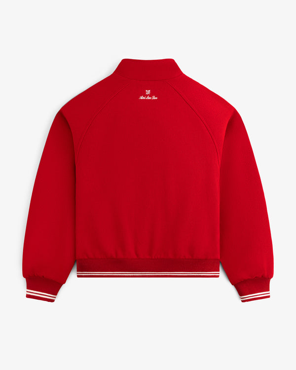 NY Highlanders Wool Varsity Jacket, red with white cuffs and hem, back view on a white background.