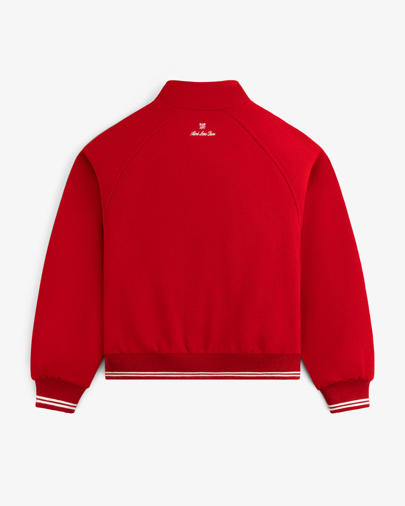 NY Highlanders Wool Varsity Jacket, red with white cuffs and hem, back view on a white background.