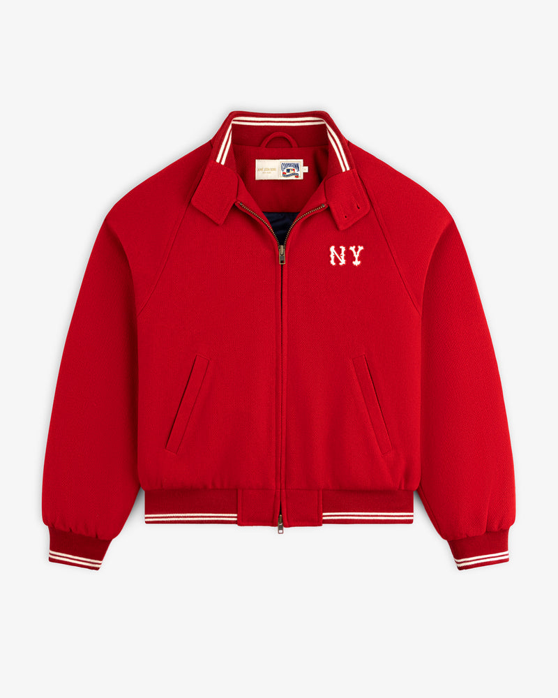 NY Highlanders Wool Varsity Jacket: bright red with white NY chest logo, striped trim, and slanted front pockets.