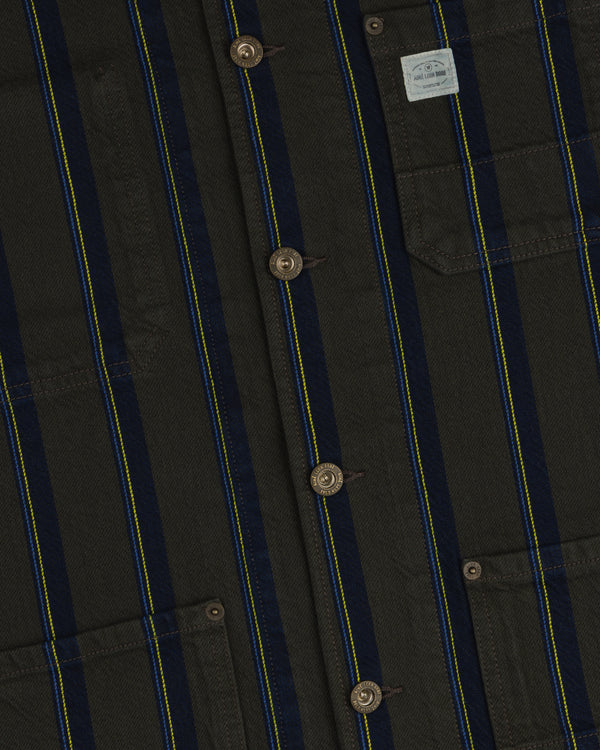 Close-up of the Striped Denim Chore Jacket with blue/yellow stripes, brown buttons, and a pocket label.