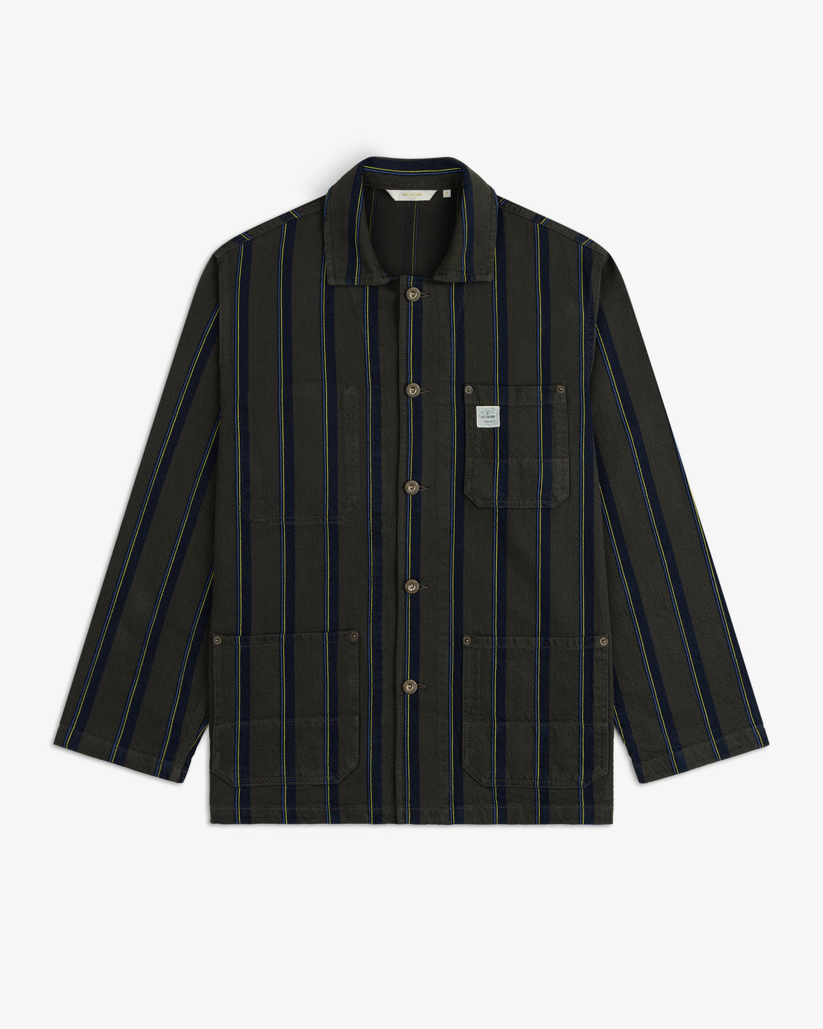 Striped Denim Chore Jacket with blue and tan stripes, three pockets, and a chest label.