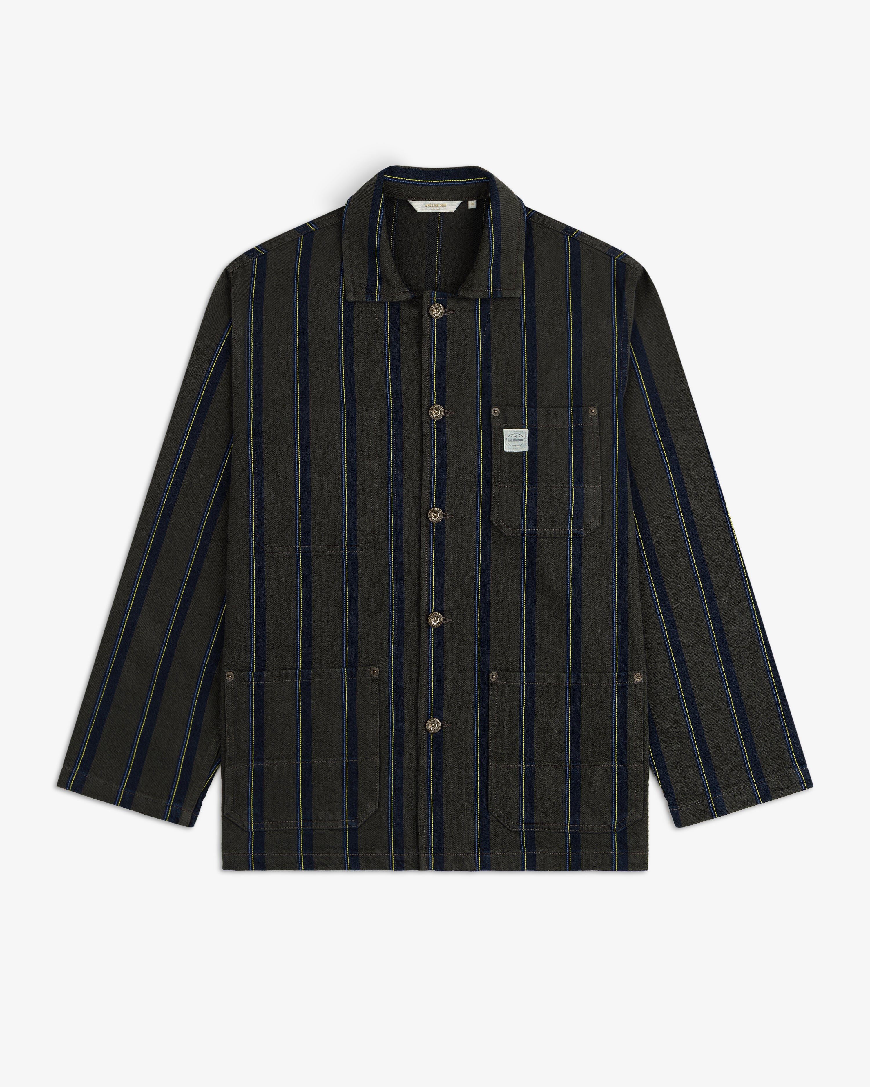 Striped Denim Chore Jacket with blue and tan stripes, three pockets, and a chest label.