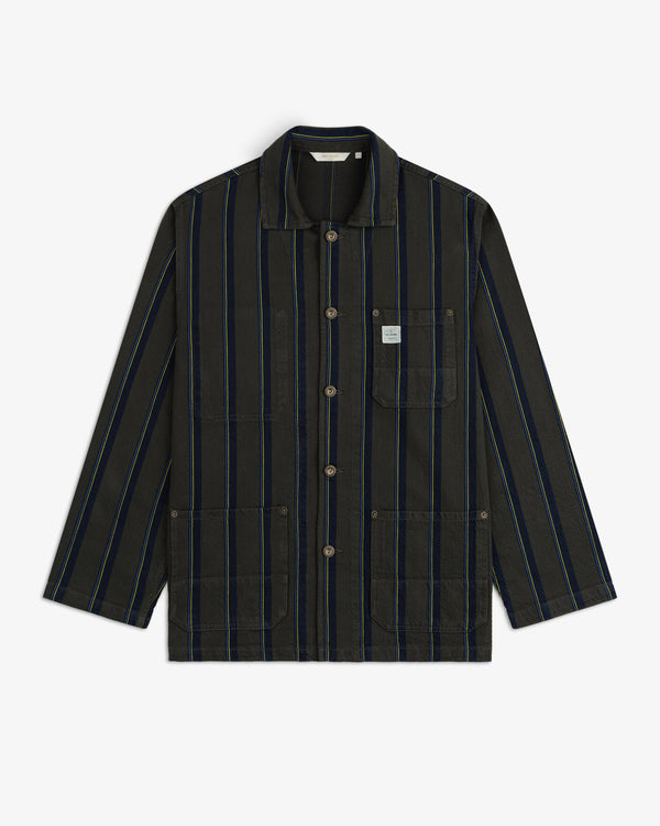 Striped Denim Chore Jacket with blue and tan stripes, three pockets, and a chest label.