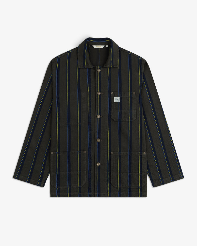 Striped Denim Chore Jacket with blue and tan stripes, three pockets, and a chest label.