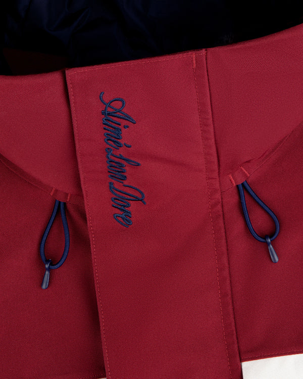 A close-up of the GORE-TEX Striped Sailing Jacket with blue drawstrings and blue Aimé Leon Dore on the collar.