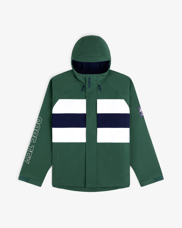 GORE-TEX Striped Sailing Jacket: green, hooded, white/navy chest stripes, CODE TZY on sleeve, patch on arm.