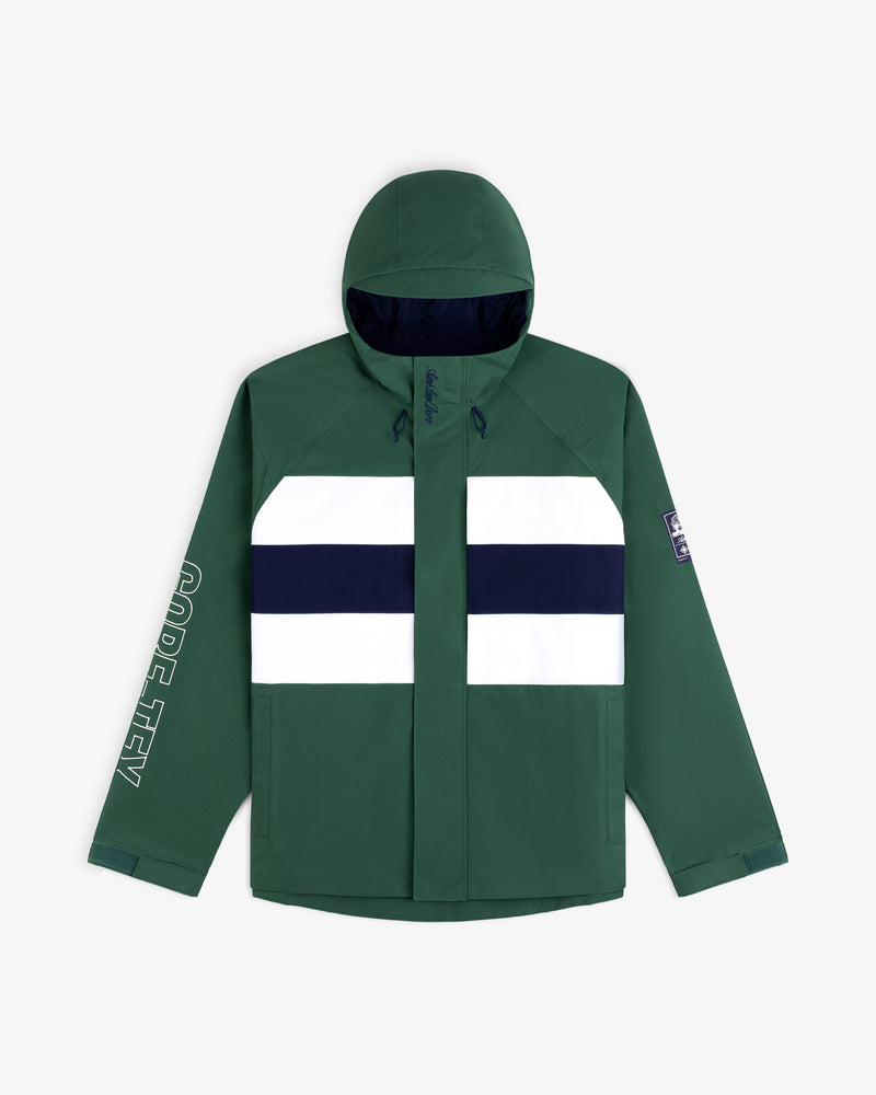GORE-TEX Striped Sailing Jacket: green, hooded, white/navy chest stripes, CODE TZY on sleeve, patch on arm.