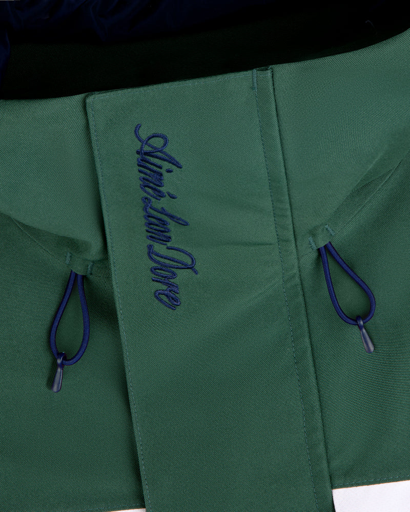 Green GORE-TEX Striped Sailing Jacket with blue drawstrings and Aimé Leon Dore embroidered in blue on the flap.
