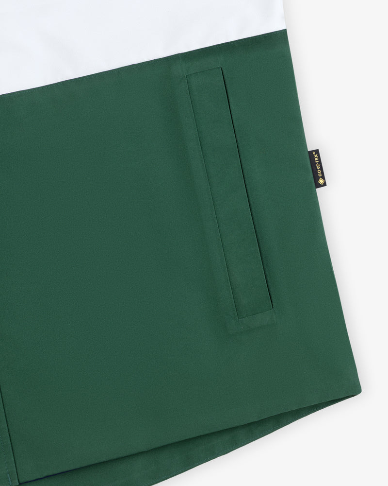 GORE-TEX Striped Sailing Jacket in green and white, vertical slit pocket, black side tag; shown on white background.