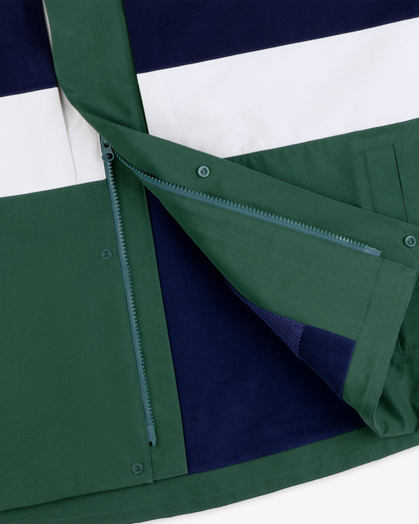 GORE-TEX Striped Sailing Jacket in green, navy, and white with blue zipper partially open, showing lining and buttons.