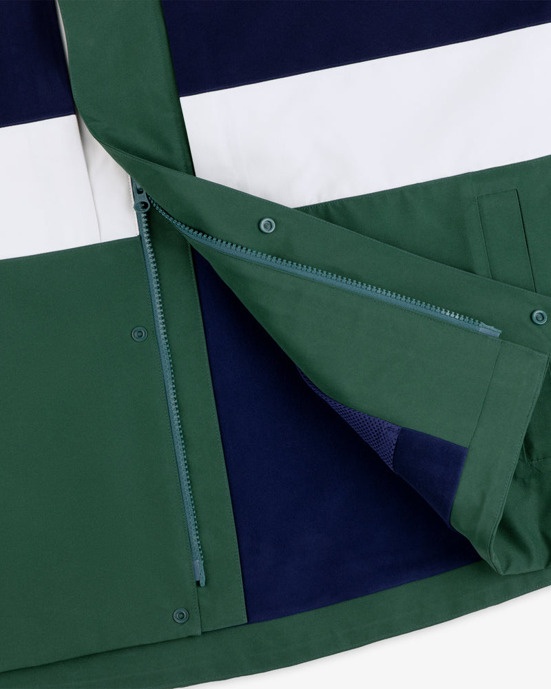 GORE-TEX Striped Sailing Jacket in green, navy, and white with blue zipper partially open, showing lining and buttons.