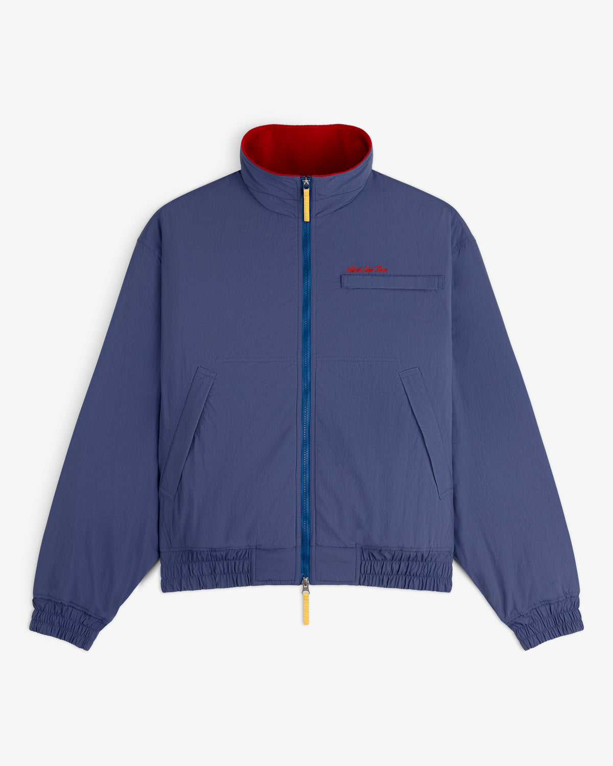 Fleece Lined Sport Windbreaker—blue zip-up with red inner collar, chest & hand pockets, elastic cuffs & hem.