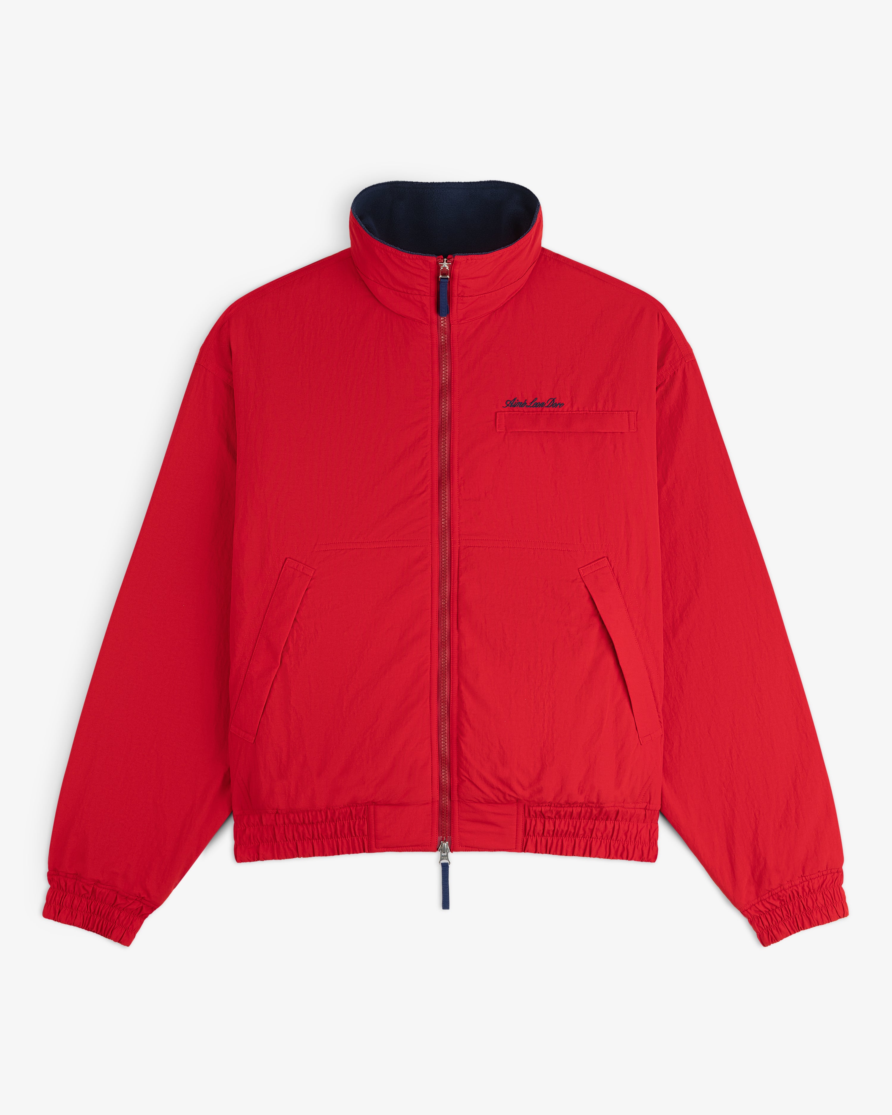 Fleece Lined Sport Windbreaker in bright red with high collar, chest zip pocket, and side pockets on white background.