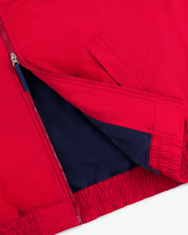 Fleece Lined Sport Windbreaker: Red, side pocket, silver zipper, elastic hem, dark blue fleece lining visible.