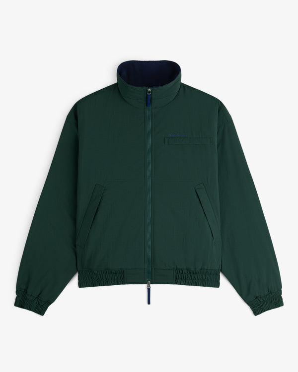 Fleece Lined Sport Windbreaker: dark green, zip-up, high collar, chest & side pockets, elastic cuffs & hem.