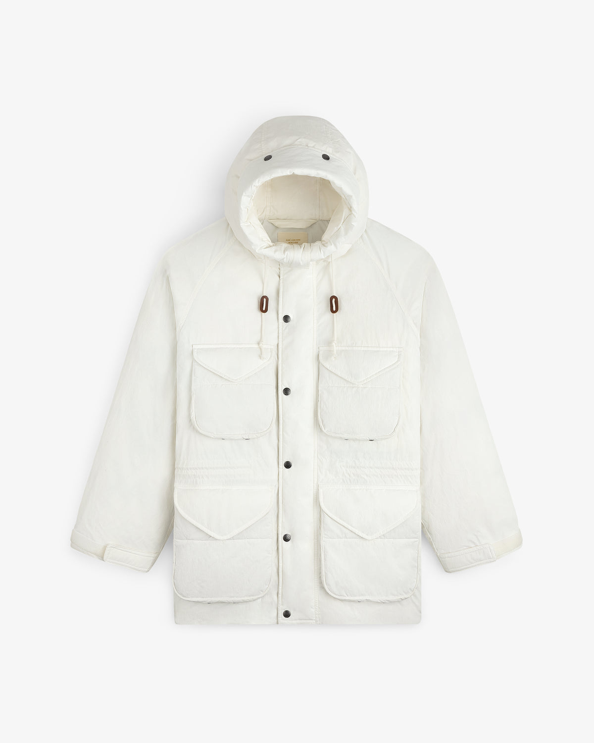 White Down-Filled Surplus Parka with a hood, four front flap pockets, and a button front closure.