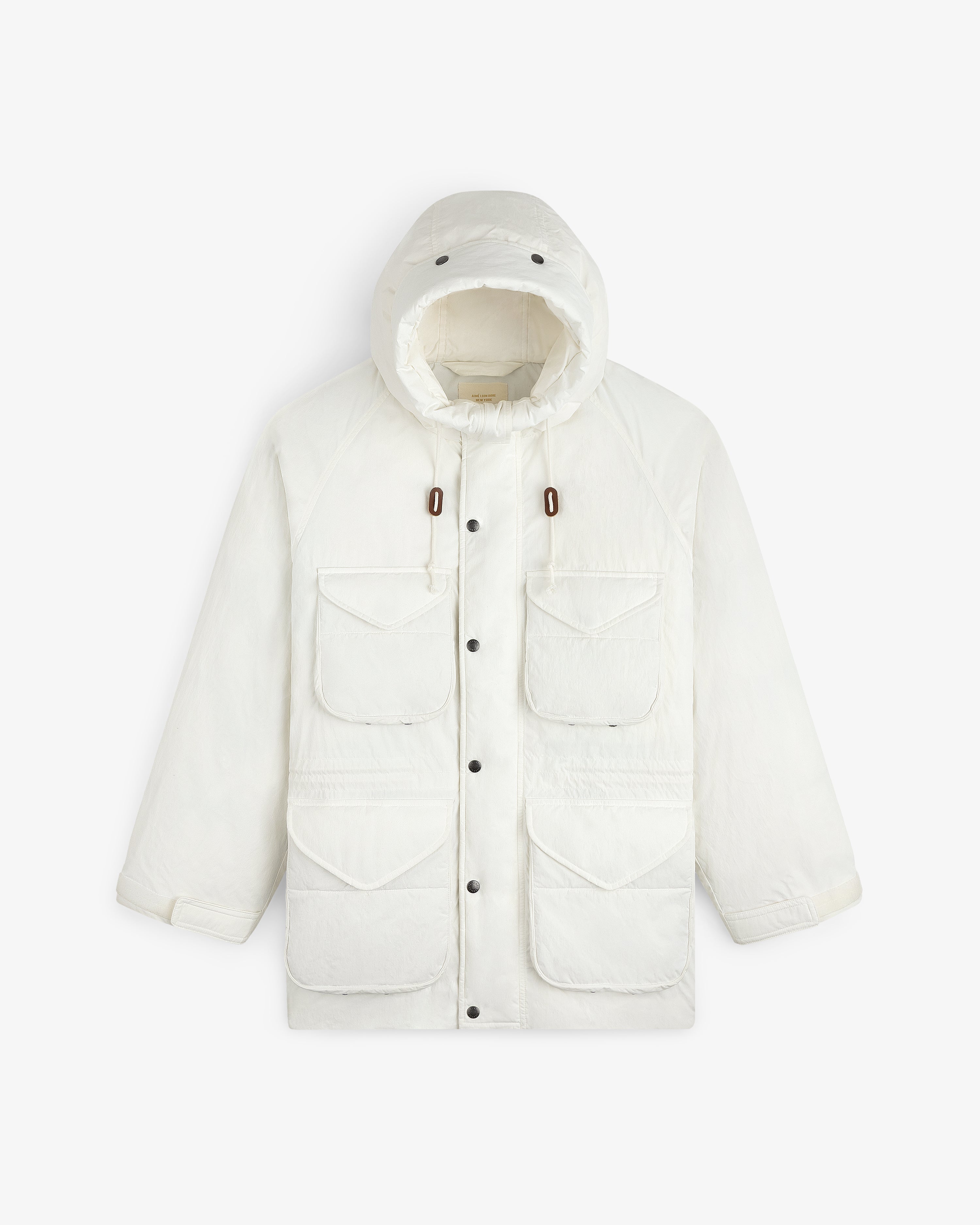 White Down-Filled Surplus Parka with a hood, four front flap pockets, and a button front closure.
