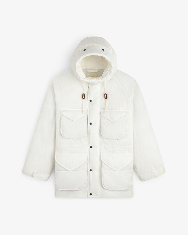 White Down-Filled Surplus Parka with a hood, four front flap pockets, and a button front closure.