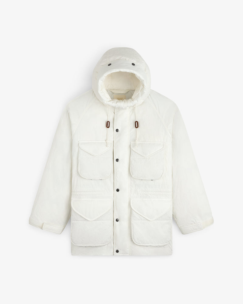 White Down-Filled Surplus Parka with a hood, four front flap pockets, and a button front closure.