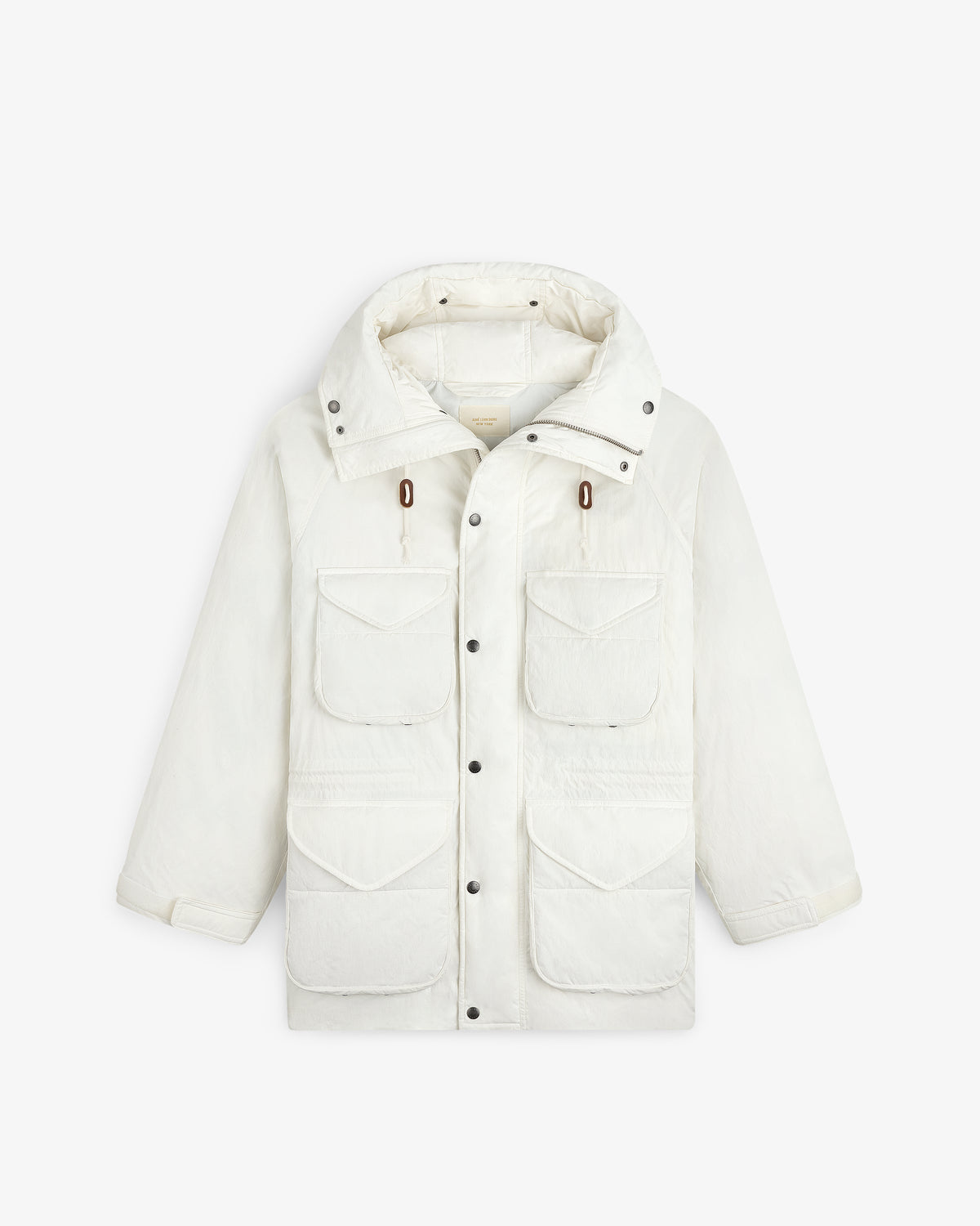 Off-white Down-Filled Surplus Parka with a hood, four front flap pockets, and a button-up front.