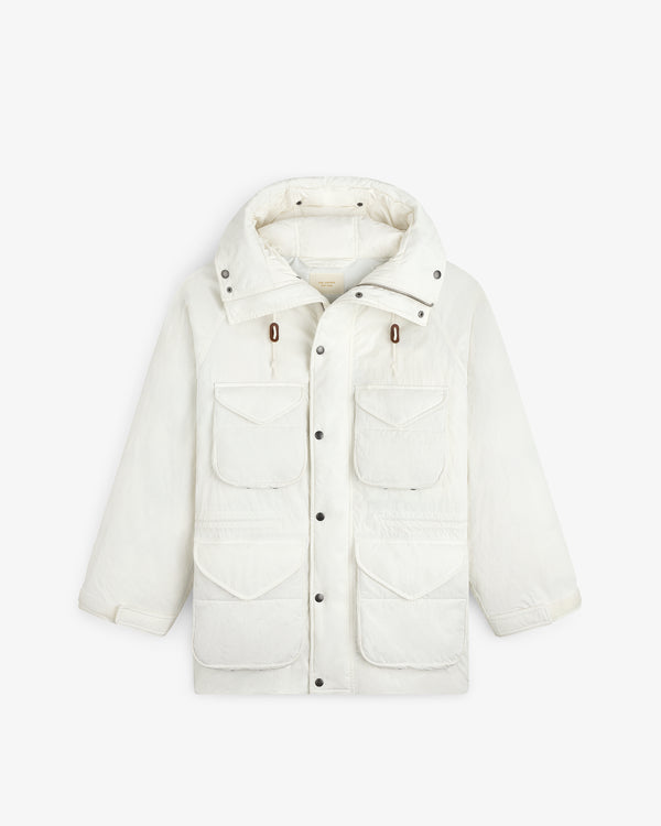 Off-white Down-Filled Surplus Parka with a hood, four front flap pockets, and a button-up front.