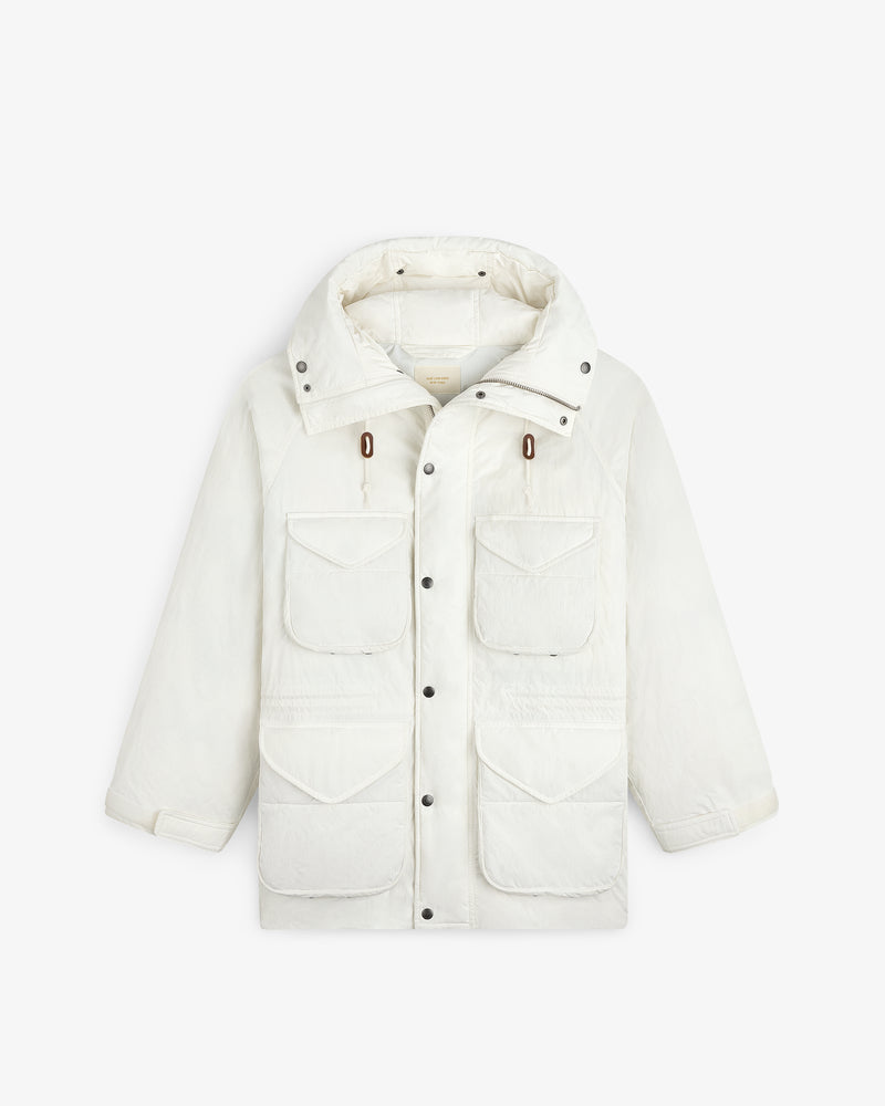 Off-white Down-Filled Surplus Parka with a hood, four front flap pockets, and a button-up front.