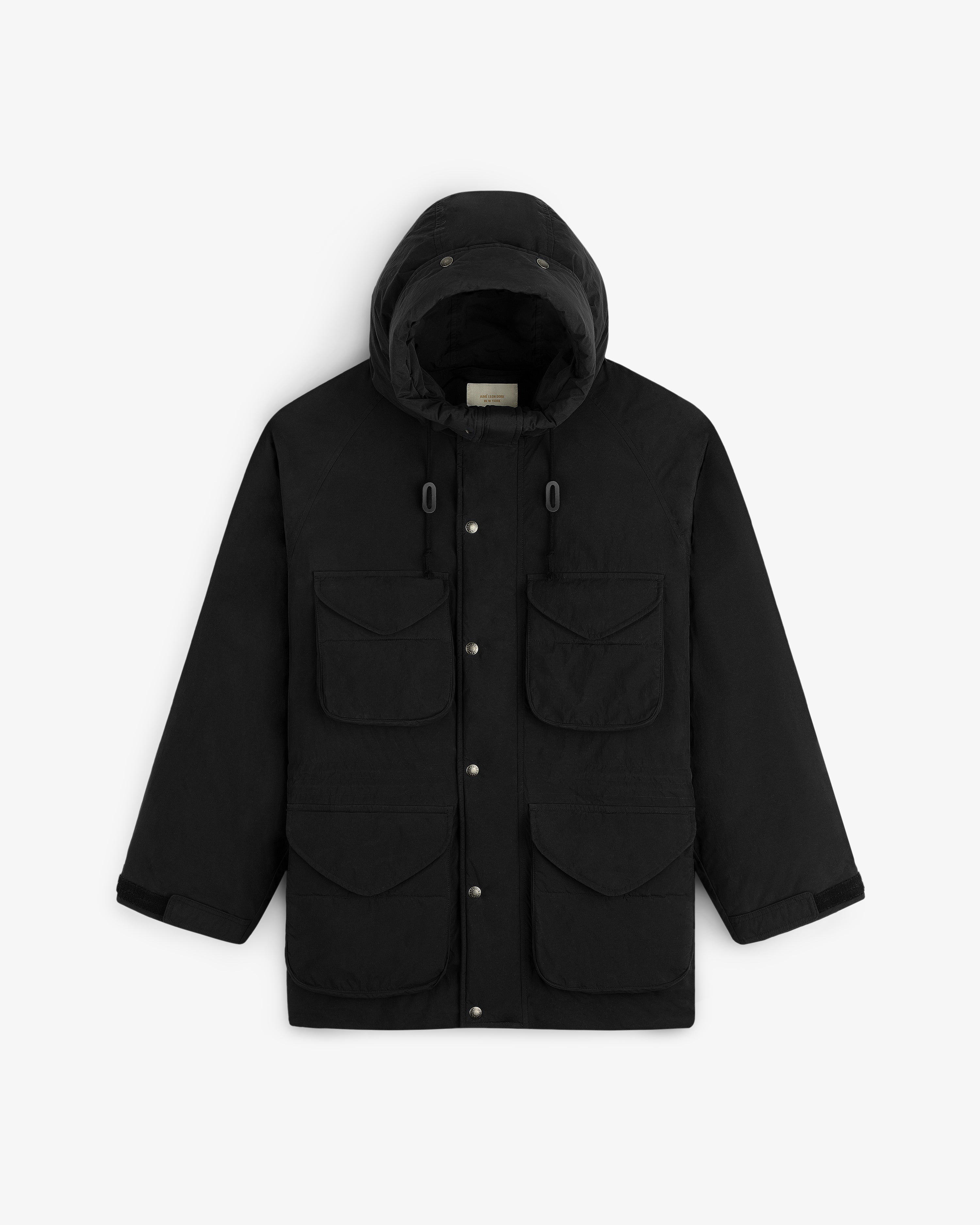 Black Down-Filled Surplus Parka with a hood, four large flap pockets, and a button front.