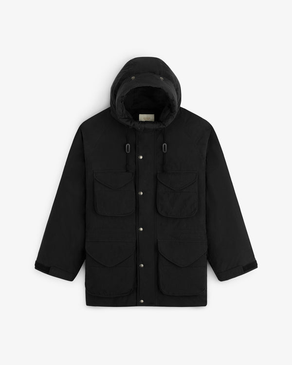 Black Down-Filled Surplus Parka with a hood, four large flap pockets, and a button front.
