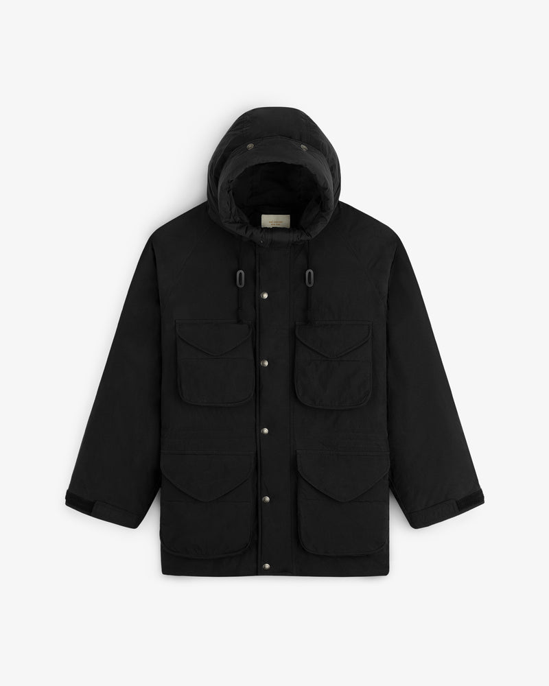 Black Down-Filled Surplus Parka with a hood, four large flap pockets, and a button front.