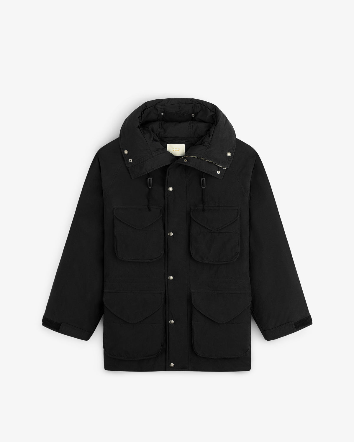 Black Down-Filled Surplus Parka with a high neck, four front pockets, and snap button closures.