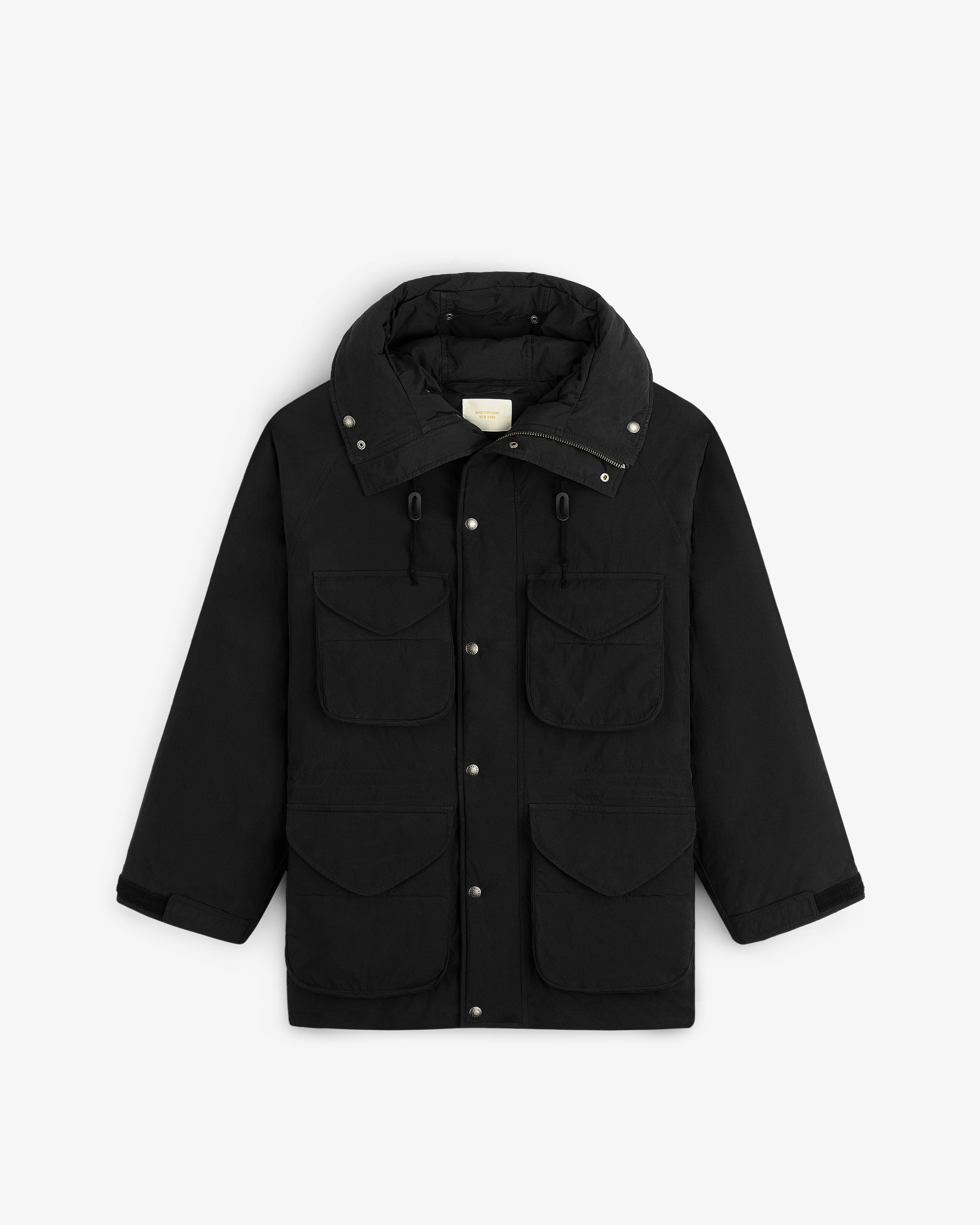 Black Down-Filled Surplus Parka with a high neck, four front pockets, and snap button closures.