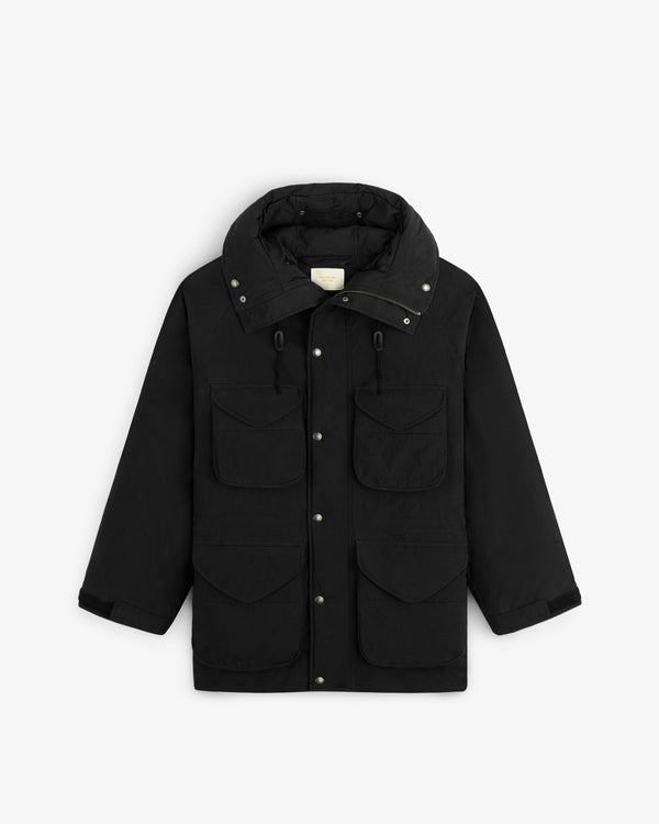 Black Down-Filled Surplus Parka with a high neck, four front pockets, and snap button closures.