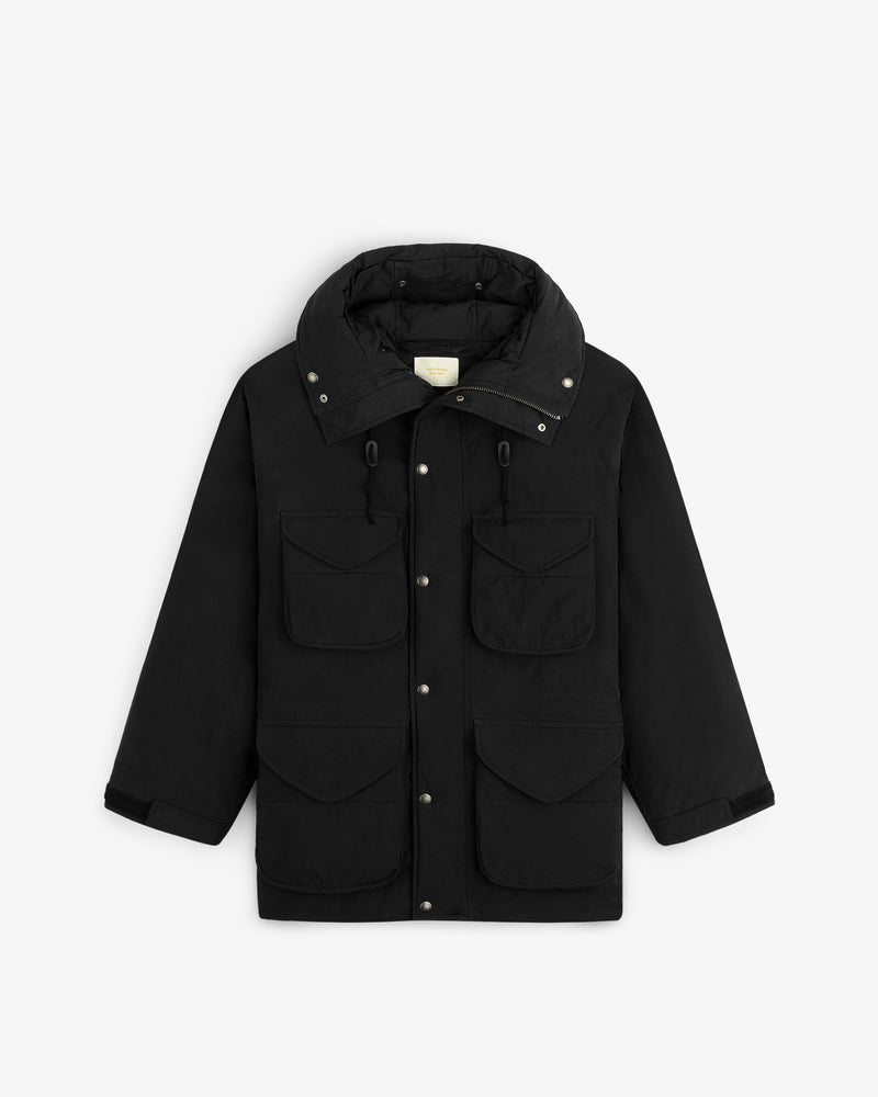 Black Down-Filled Surplus Parka with a high neck, four front pockets, and snap button closures.