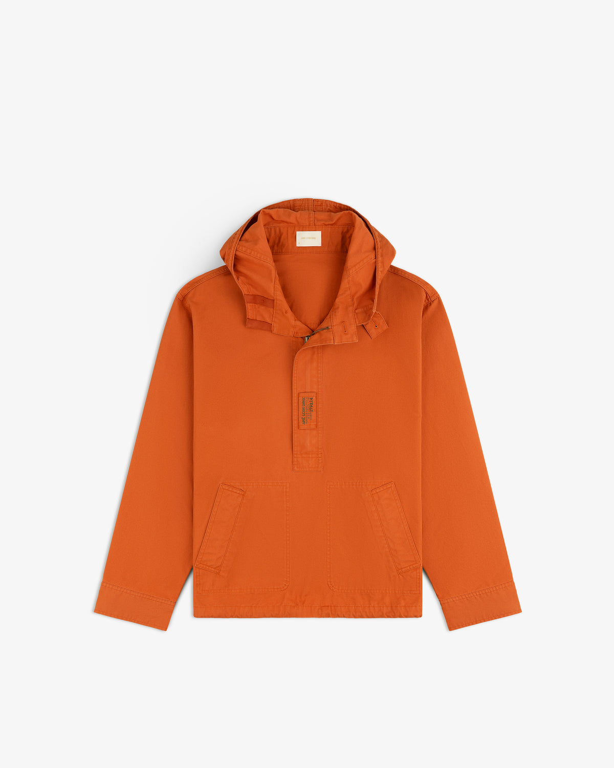 Burnt orange Garment Washed Anorak hooded pullover with a quarter-zip placket and two front pockets.