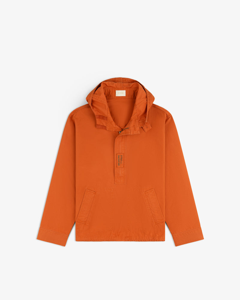 Burnt orange Garment Washed Anorak hooded pullover with a quarter-zip placket and two front pockets.