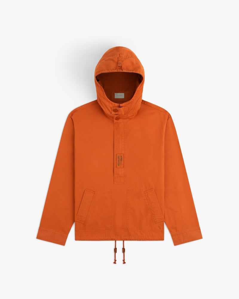 Garment Washed Anorak: an orange hooded pullover jacket with a button placket, front pocket, and drawstring hem.